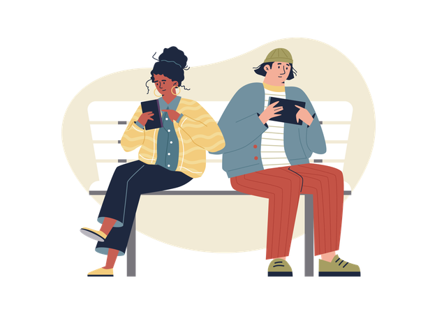 Un homme et une femme assis sur un banc, accros à Internet et au téléphone  Illustration