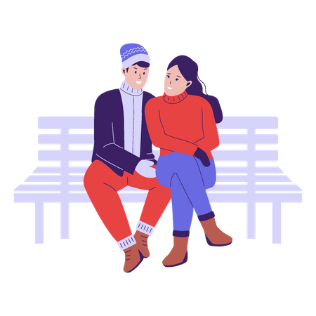 Homme et femme assis sur un banc en bois en hiver  Illustration