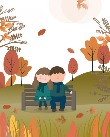 Homme et femme assis sur un long banc dans un parc naturel  Illustration