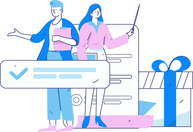 Homme et femme avec des outils d'enquête client  Illustration