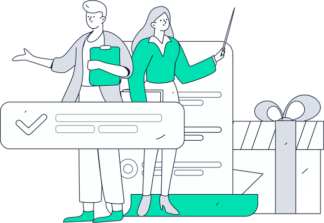 Homme et femme avec des outils d'enquête client  Illustration