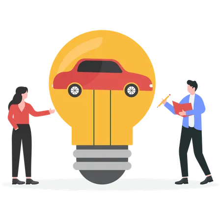 Homme et femme d'affaires ayant une idée de voiture  Illustration