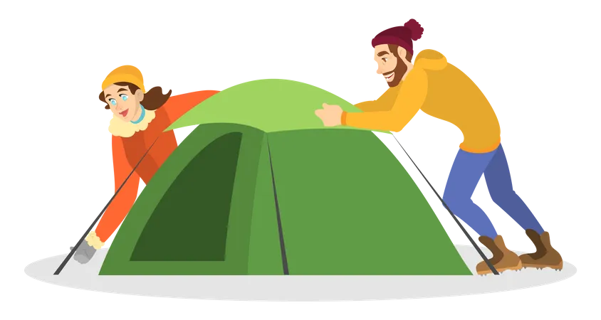Camping-homme et femme installant une tente  Illustration
