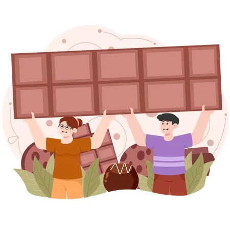 Homme et femme célébrant la journée mondiale du chocolat  Illustration