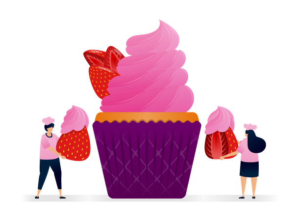 Chef préparant un muffin avec une garniture de glaçage à la fraise rose crémeuse et des fraises rouges fraîches entières  Illustration