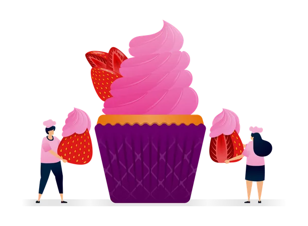 Chef préparant un muffin avec une garniture de glaçage à la fraise rose crémeuse et des fraises rouges fraîches entières  Illustration