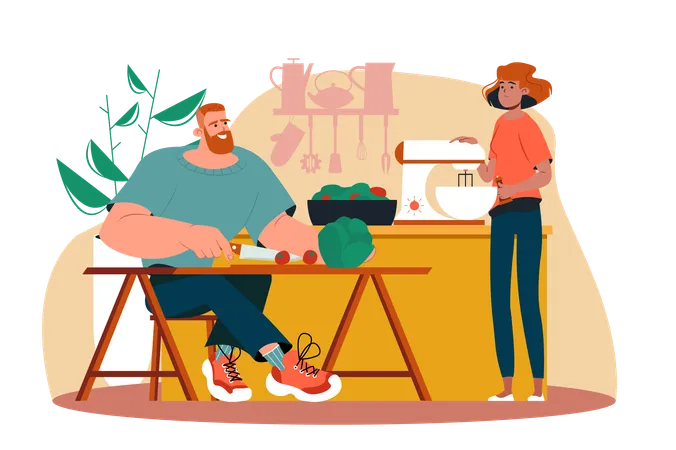 L'homme et la femme préparent ensemble de délicieux plats dans la cuisine  Illustration