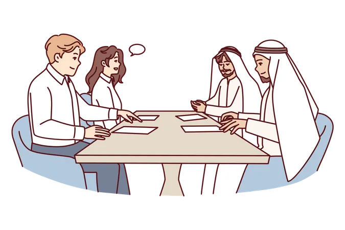 Homme d'affaires et femme faisant des affaires avec des arabes  Illustration