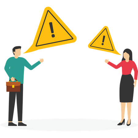 Homme d'affaires et femme discutant d'incidents avec un signe d'attention d'exclamation  Illustration