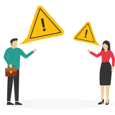 Homme d'affaires et femme discutant d'incidents avec un signe d'attention d'exclamation  Illustration