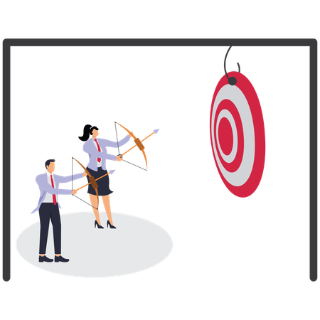 Homme et femme d'affaires tenant un arc et des flèches debout près d'une énorme cible, prêts à tirer des flèches  Illustration