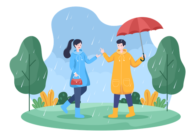 Homme et femme debout sous la pluie  Illustration