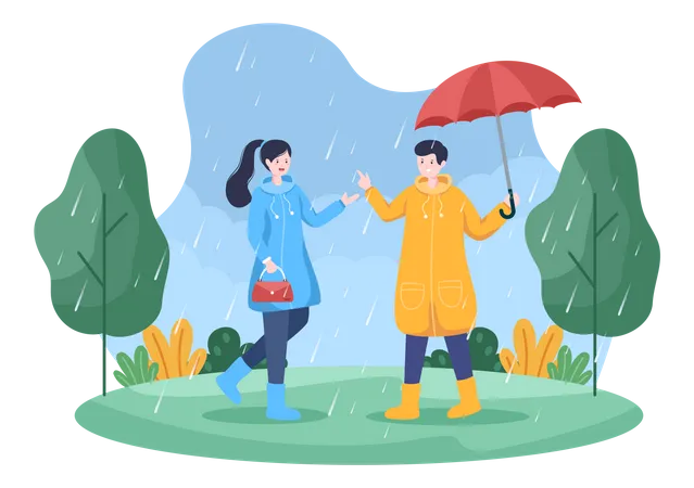 Homme et femme debout sous la pluie  Illustration