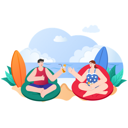 Homme et femme se relaxant sur la plage  Illustration