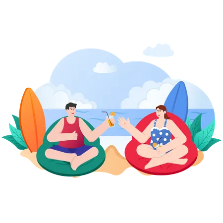 Homme et femme se relaxant sur la plage  Illustration