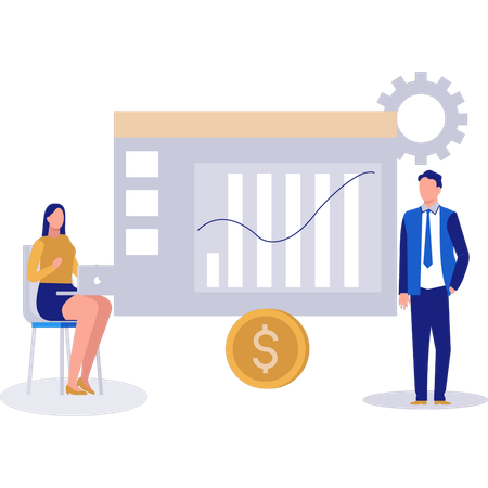 Homme d'affaires et femme discutant de la stratégie commerciale  Illustration