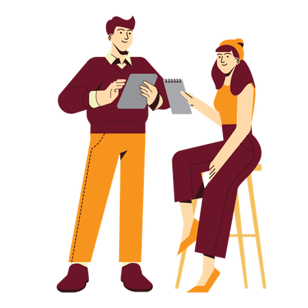 Un homme et une femme parlent du projet  Illustration