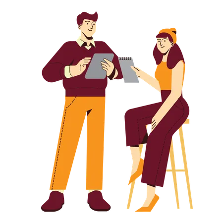 Un homme et une femme parlent du projet  Illustration