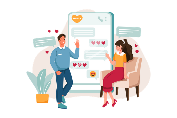 Homme et femme discutant sur une application de rencontres  Illustration