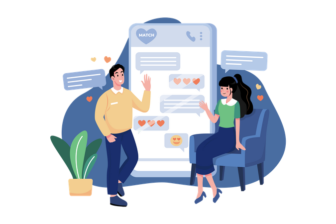 Homme et femme discutant sur une application de rencontres  Illustration
