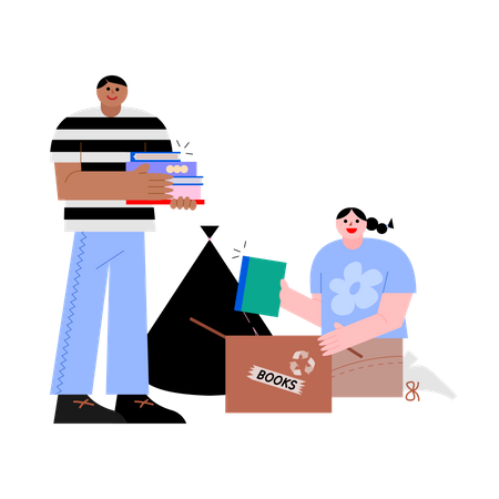 Homme et femme emballant des livres  Illustration