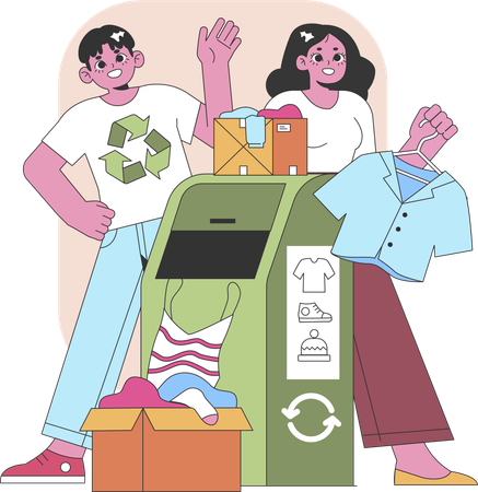 Un homme et une femme recyclent des tissus pour réduire les déchets et donner une seconde vie aux vieux vêtements  Illustration