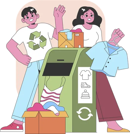 Un homme et une femme recyclent des tissus pour réduire les déchets et donner une seconde vie aux vieux vêtements  Illustration