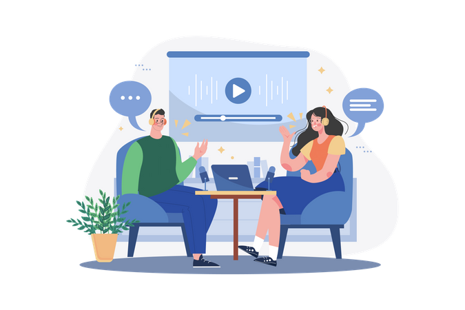 Homme et femme enregistrant une conversation podcast  Illustration