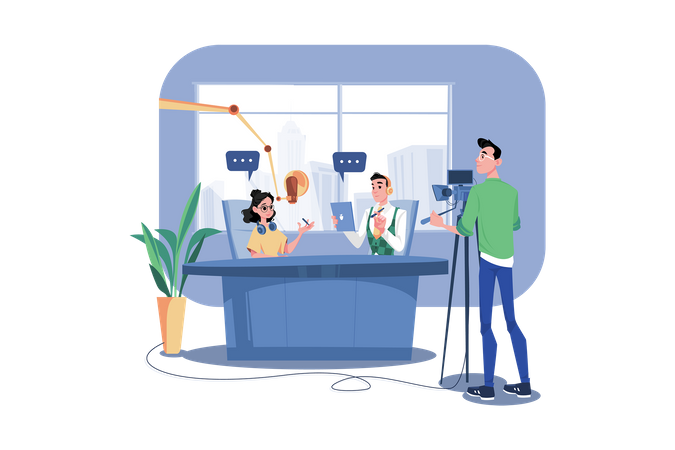 Homme et femme enregistrant une conversation podcast  Illustration