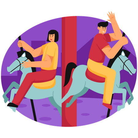 Homme et femme chevauchant un carrousel dans un parc d'attractions  Illustration