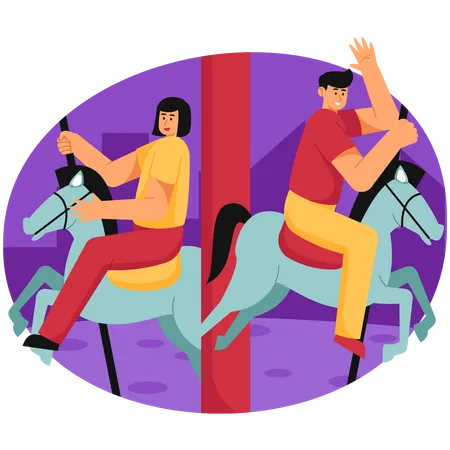 Homme et femme chevauchant un carrousel dans un parc d'attractions  Illustration