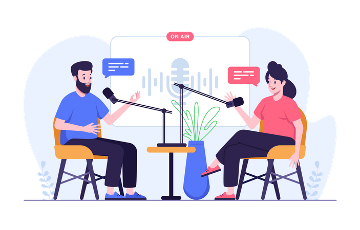 Homme et femme faisant une interview audio en podcast  Illustration