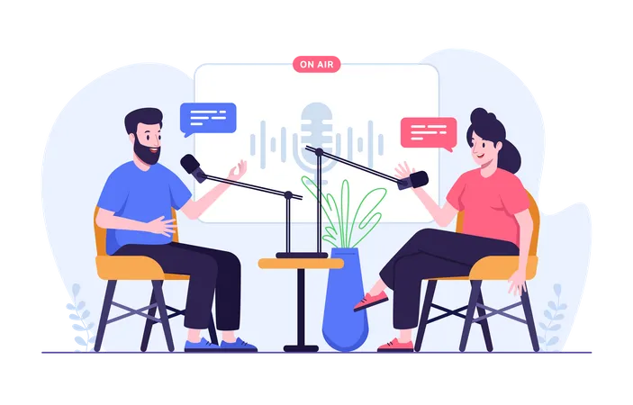 Homme et femme faisant une interview audio en podcast  Illustration