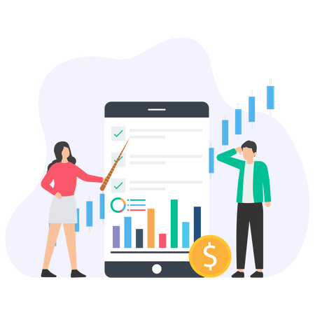 Homme et femme d'affaires effectuant une analyse des tendances  Illustration