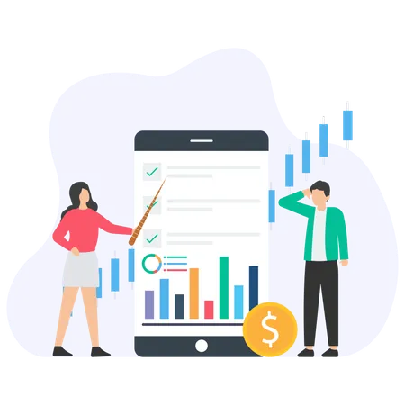 Homme et femme d'affaires effectuant une analyse des tendances  Illustration