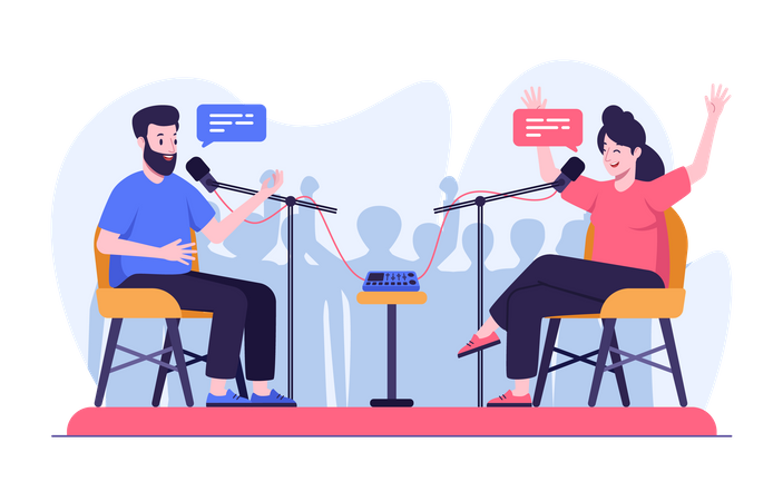 Homme et femme faisant une émission de podcast  Illustration