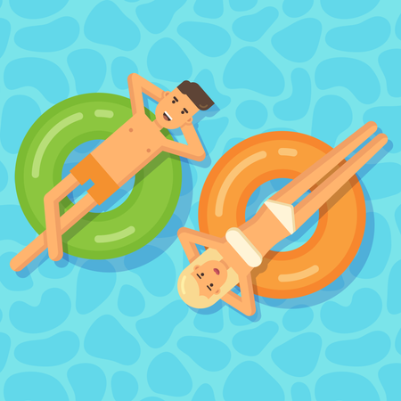 Homme et femme flottant sur des cercles gonflables dans une piscine  Illustration