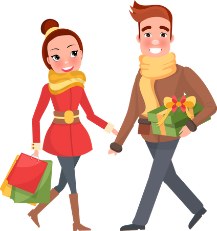 Un homme et une femme font du shopping ensemble pour le réveillon de Noël  Illustration