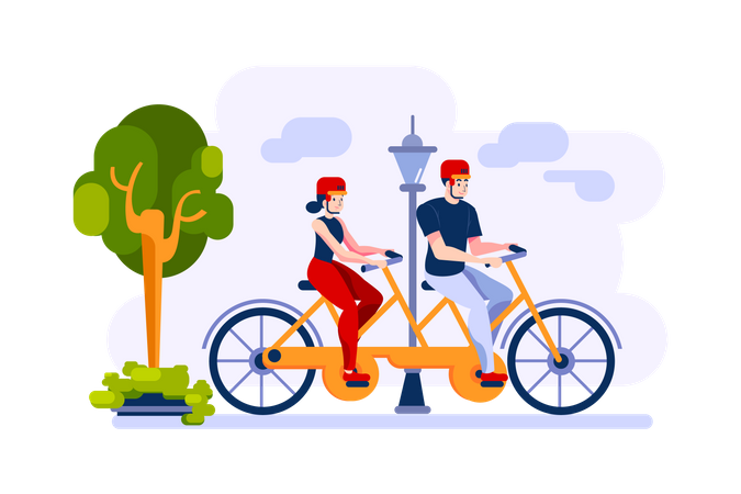 L'homme et la femme font du vélo sur un vélo double dans le parc  Illustration