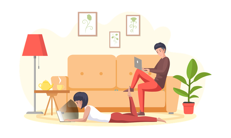 Homme et femme freelances travaillant à distance et surfant sur Internet  Illustration