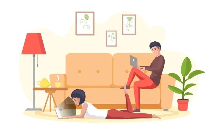 Homme et femme freelances travaillant à distance et surfant sur Internet  Illustration