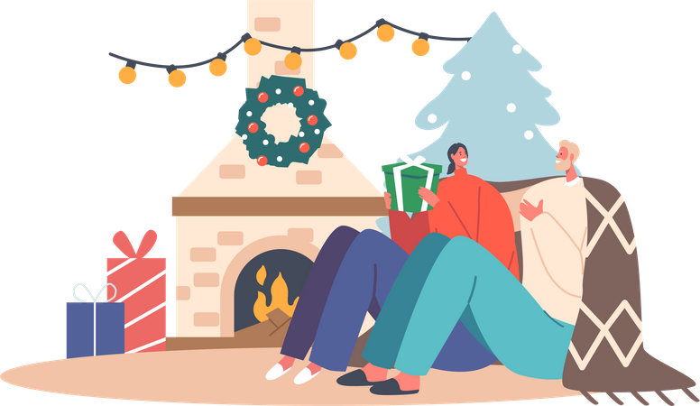 Homme et femme heureux dans des pulls chauds et confortables et des carreaux assis dans une chambre avec cheminée, échange de cadeaux pour Noël  Illustration