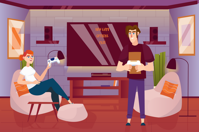 Homme et femme jouant à un jeu vidéo à la maison  Illustration