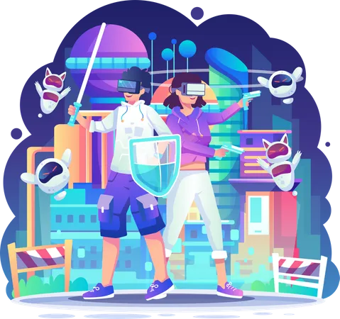 Homme et femme jouant au jeu VR  Illustration