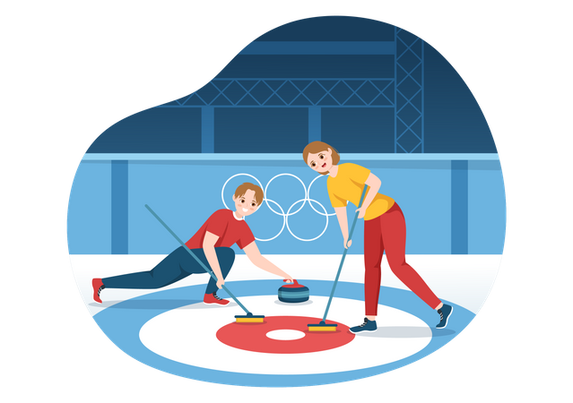 Homme et femme jouant au curling  Illustration