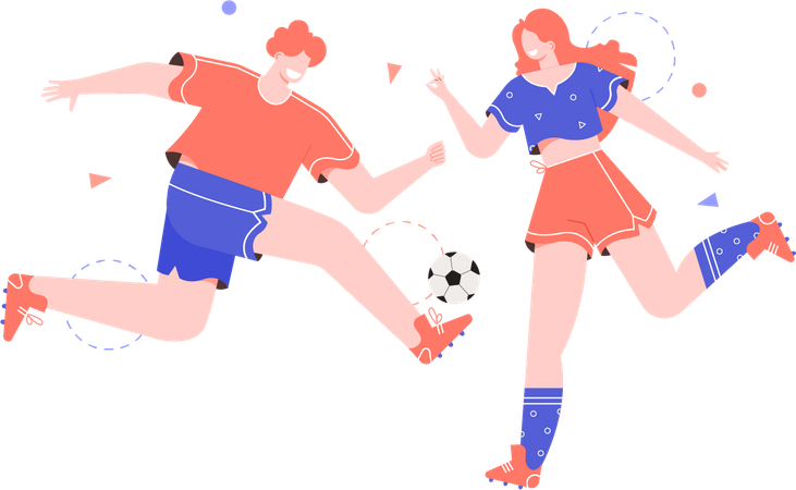 Homme et femme jouant au football  Illustration