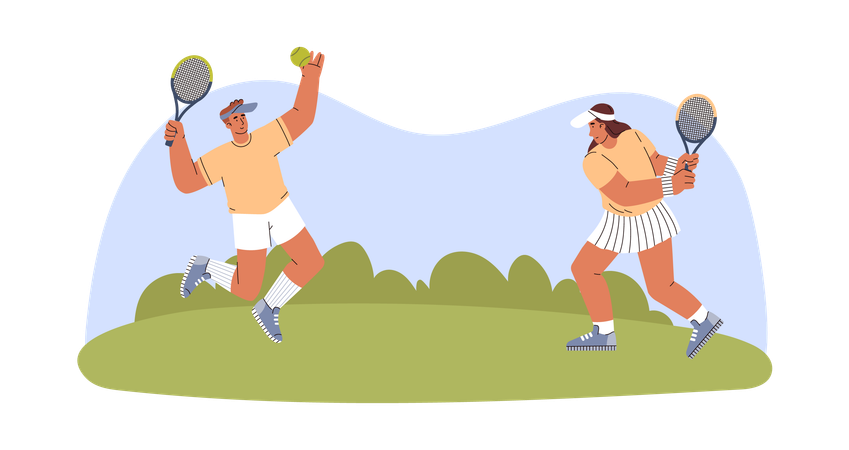 Homme et femme jouant au tennis en plein air  Illustration