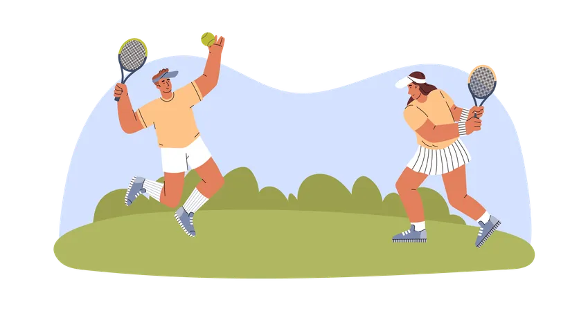 Homme et femme jouant au tennis en plein air  Illustration