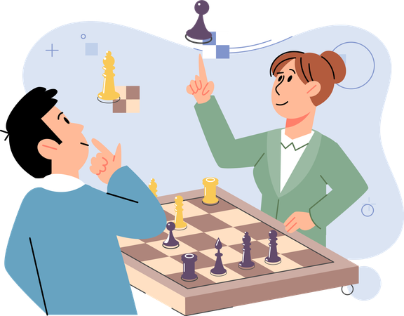 Homme et femme jouant aux échecs à une table  Illustration