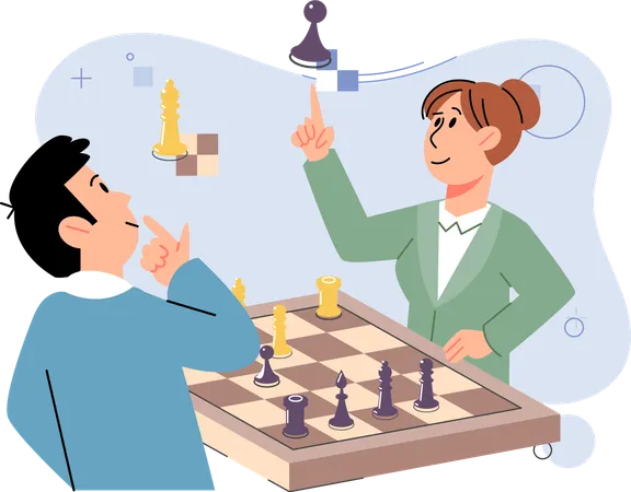 Homme et femme jouant aux échecs à une table  Illustration